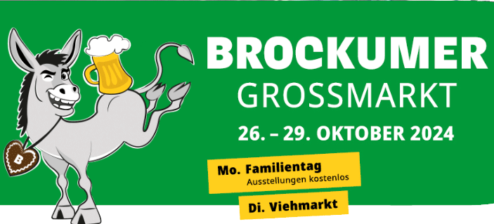 Bild Brockumer Grossmarkt vom 26.-29.9. mit weißer Schrift auf grünem Hintergrund und einem Esel mit Bierglas auf dem Rücken